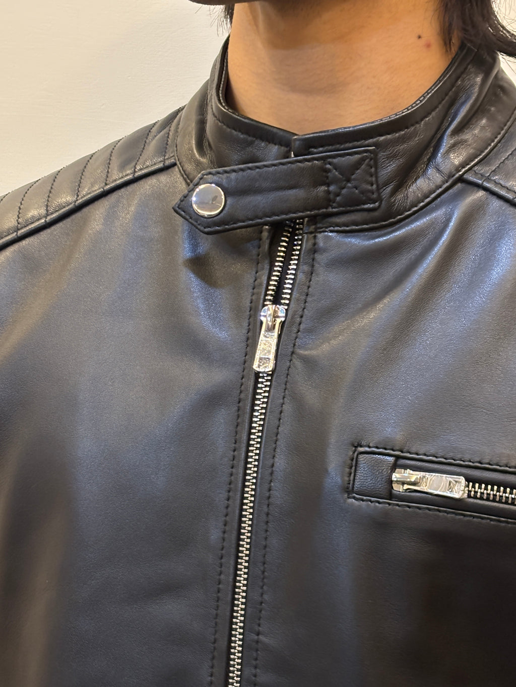 Klaev Black Lambskin Leather Jacket: close-up of natural grain leather finish