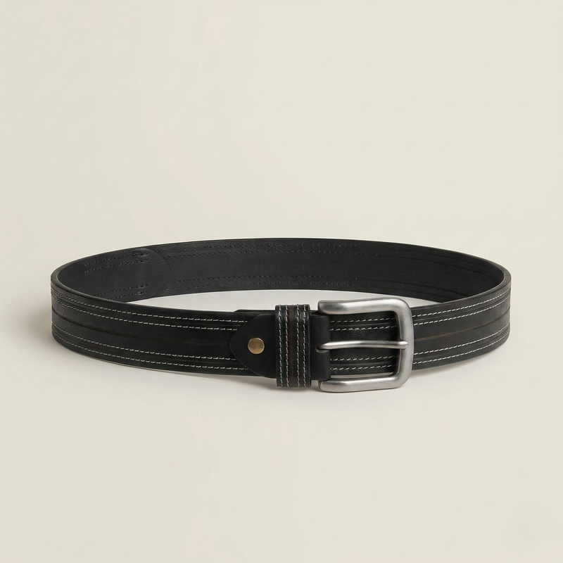 Klaev Black Stitched Leather Belt: double-stitched leather with red loop accent