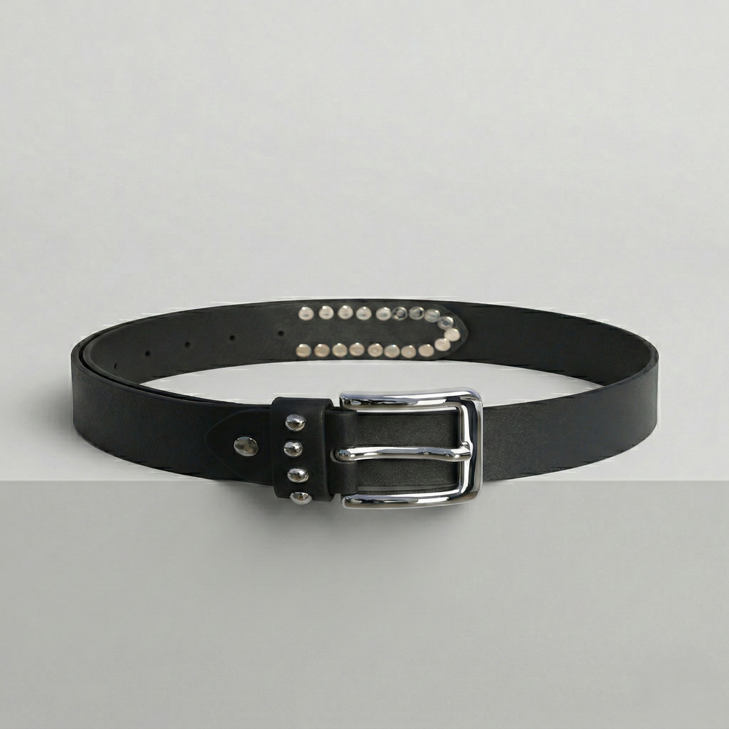 Klaev Black Studded Leather Belt: polished silver studs on full-grain cow leather
