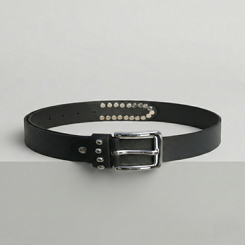 Klaev Black Studded Leather Belt: polished silver studs on full-grain cow leather