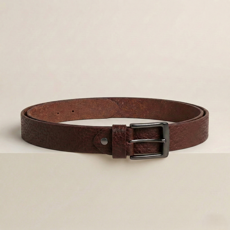 Klaev Brown Textured Leather Belt: grainy embossed full-grain leather
