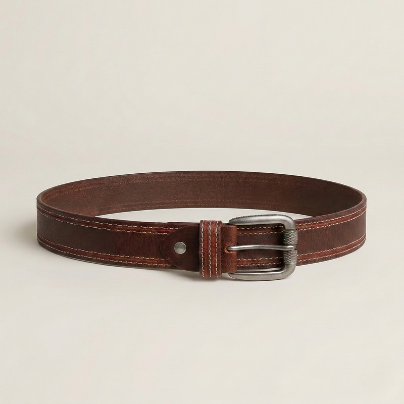 Klaev Maroon Stitched Leather Belt: double-stitched full-grain cow leather