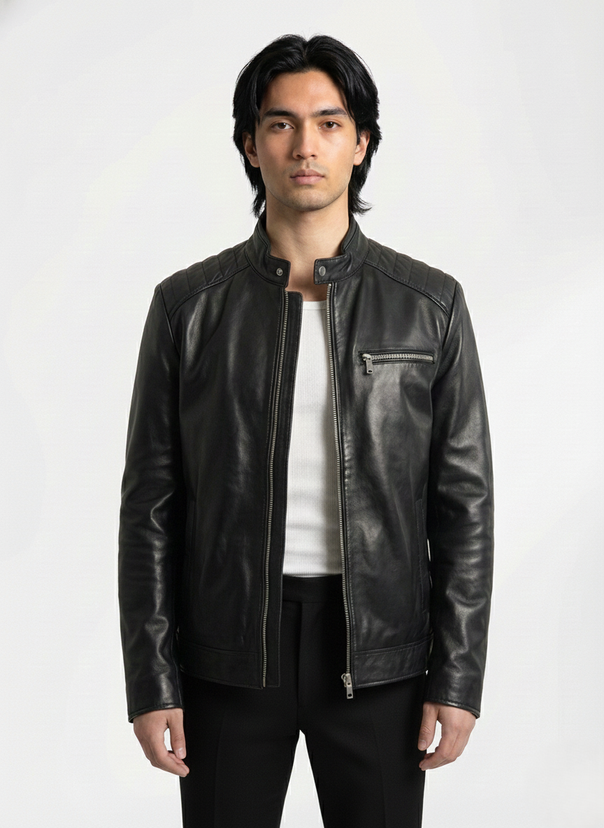 Black lambskin leather jacket by Klaev with soft, supple finish and quilted winter lining