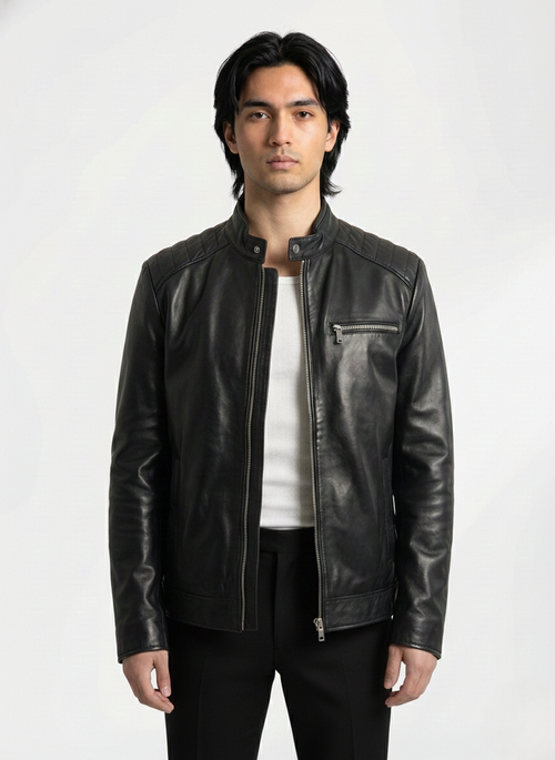 Black lambskin leather jacket by Klaev with soft, supple finish and quilted winter lining
