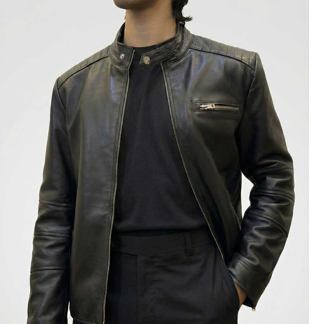 Klaev black leather jacket with minimal design, no logos, premium hardware