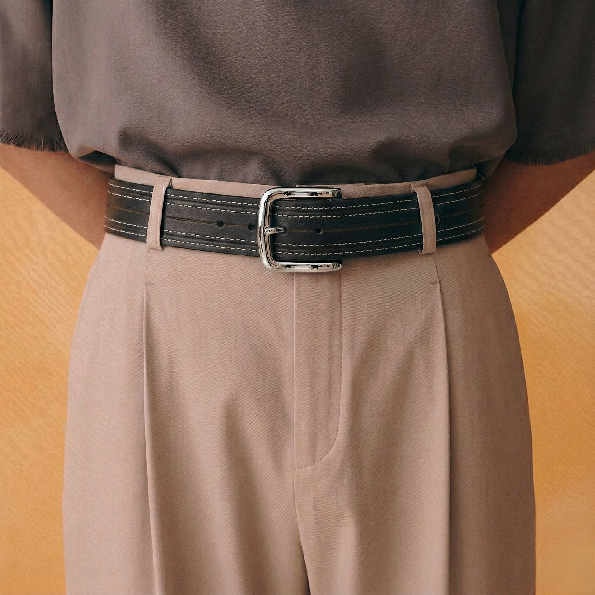 Black stitched leather belt by Klaev: premium men's belt in Pakistan