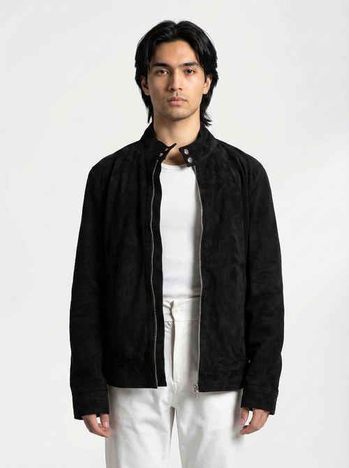 Black suede jacket for men in Pakistan by Klaev, made from premium goatskin