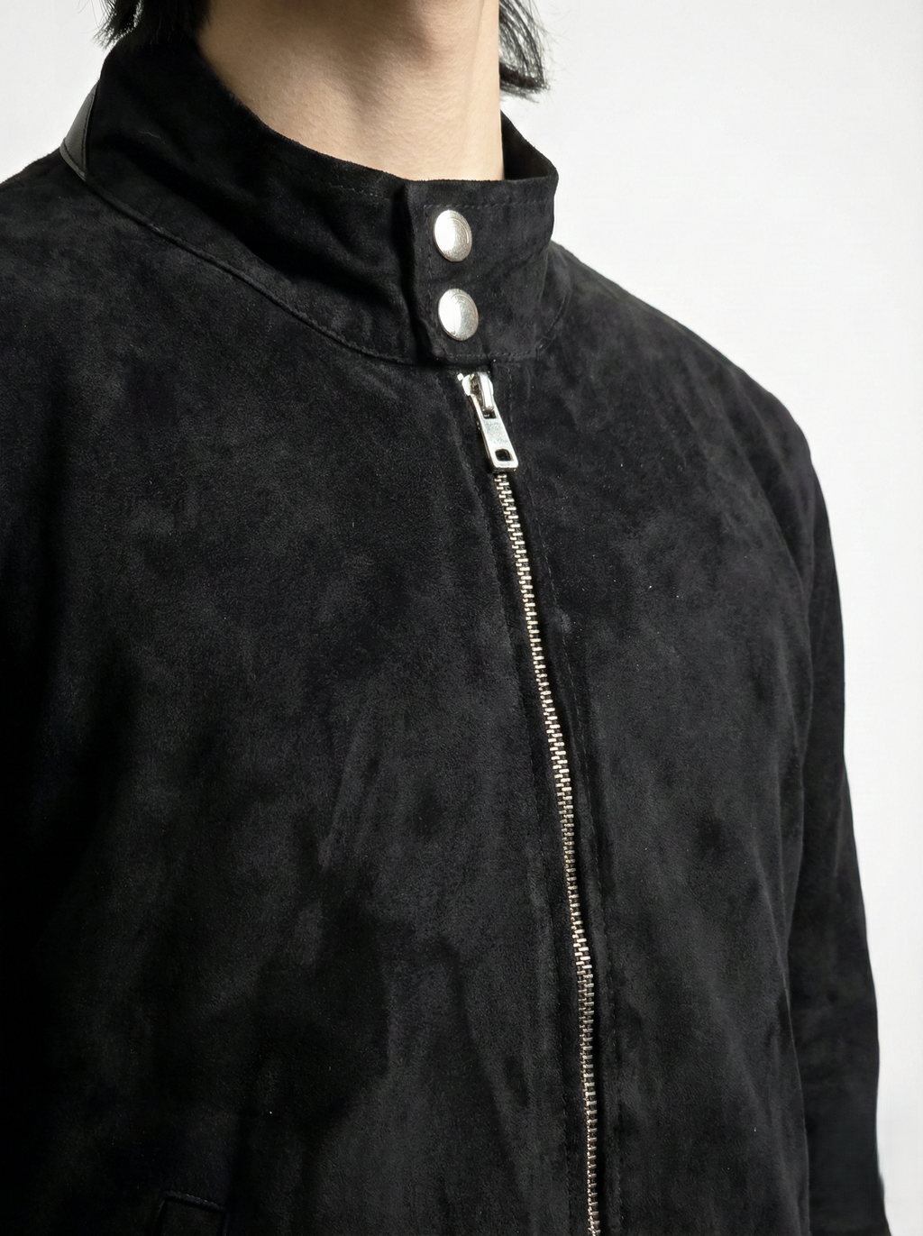 Klaev black goatskin suede jacket with soft hand-feel and minimalist design