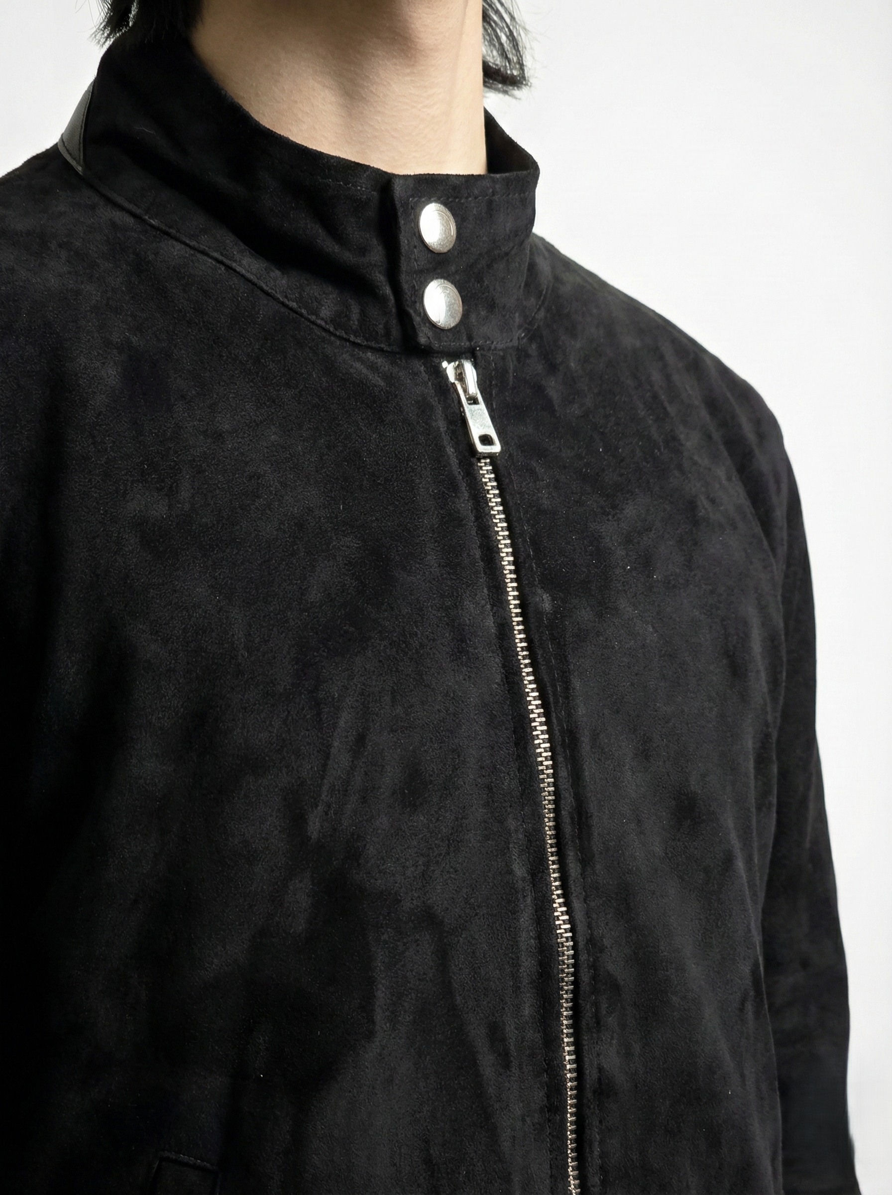 Klaev black goatskin suede jacket with soft hand-feel and minimalist design