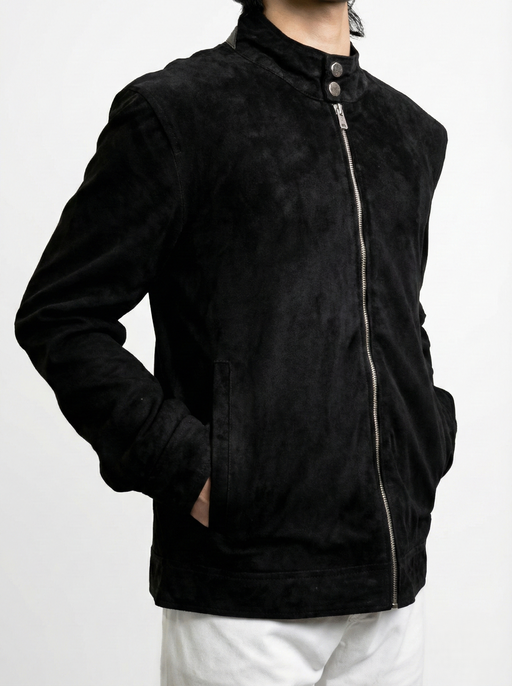 Men's black suede jacket Pakistan: Klaev handcrafted goatskin