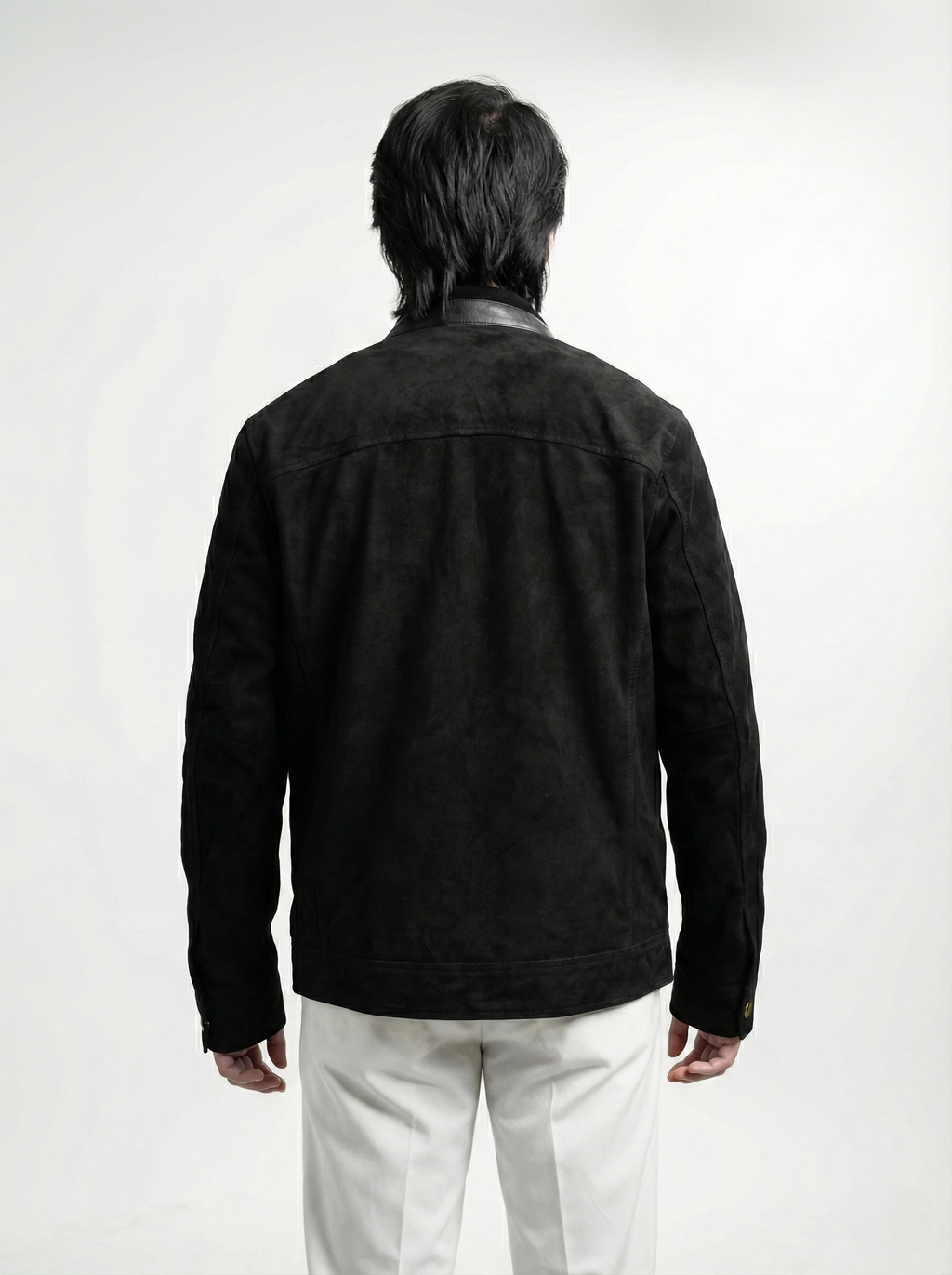 Black goatskin suede jacket by Klaev, premium men's outerwear in Pakistan