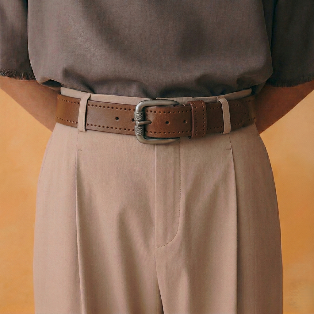 Brown dotted leather belt by Klaev: premium men's belt with matte silver buckle