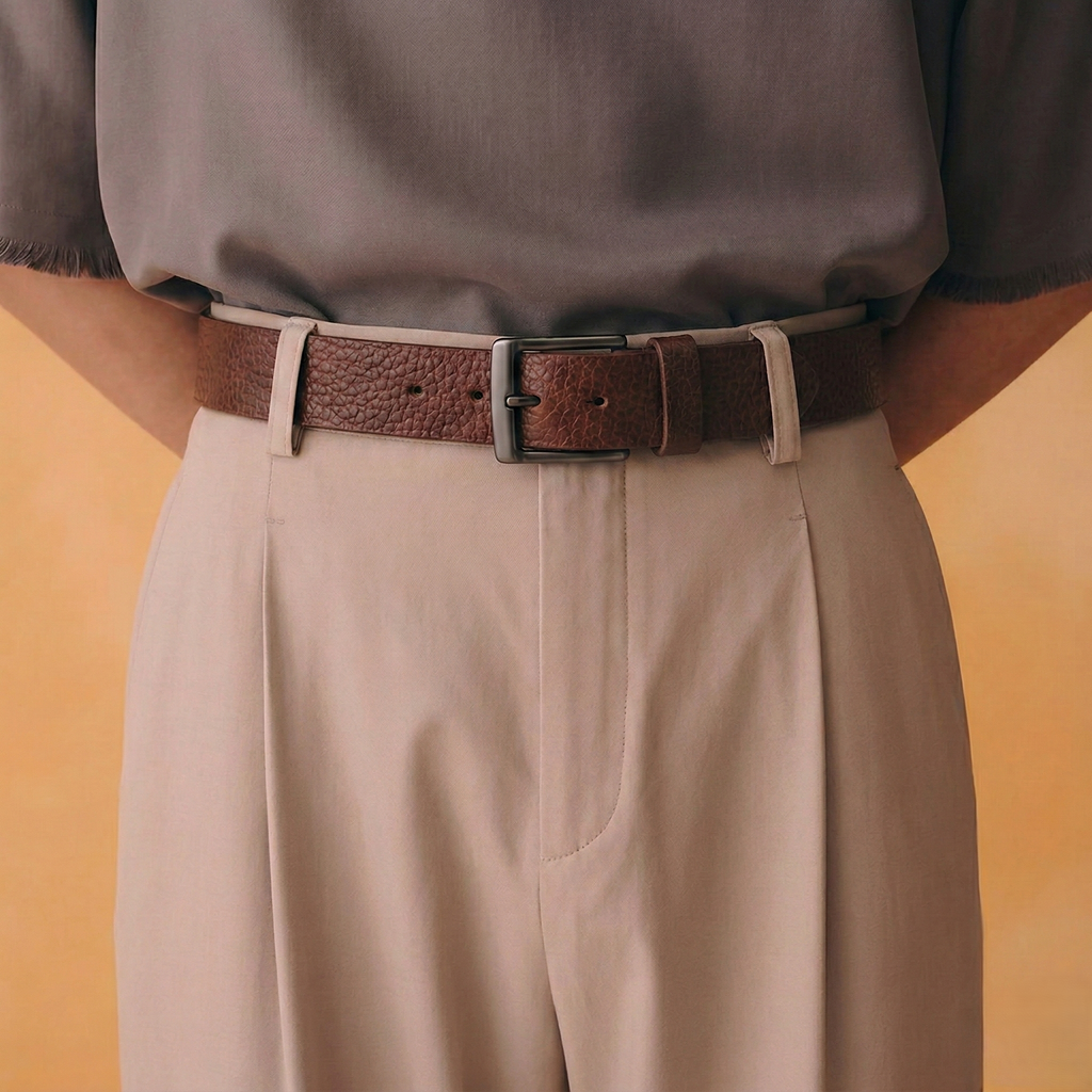 Brown textured leather belt by Klaev with gunmetal buckle, premium men's belt Pakistan
