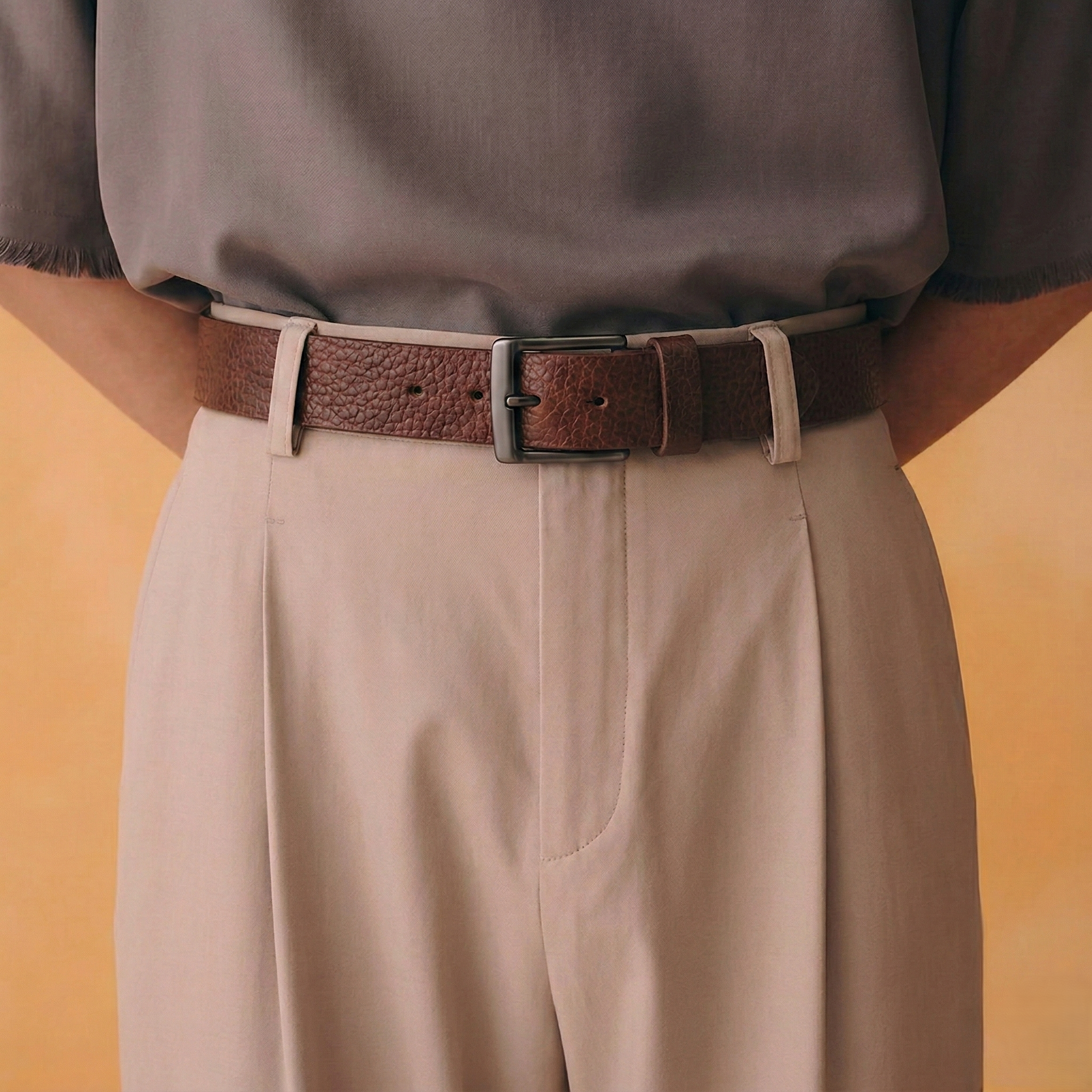 Brown textured leather belt by Klaev with gunmetal buckle, premium men's belt Pakistan