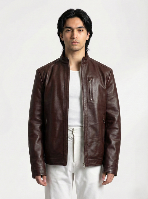 Men's oxblood leather jacket Pakistan: Klaev hand-waxed lambskin