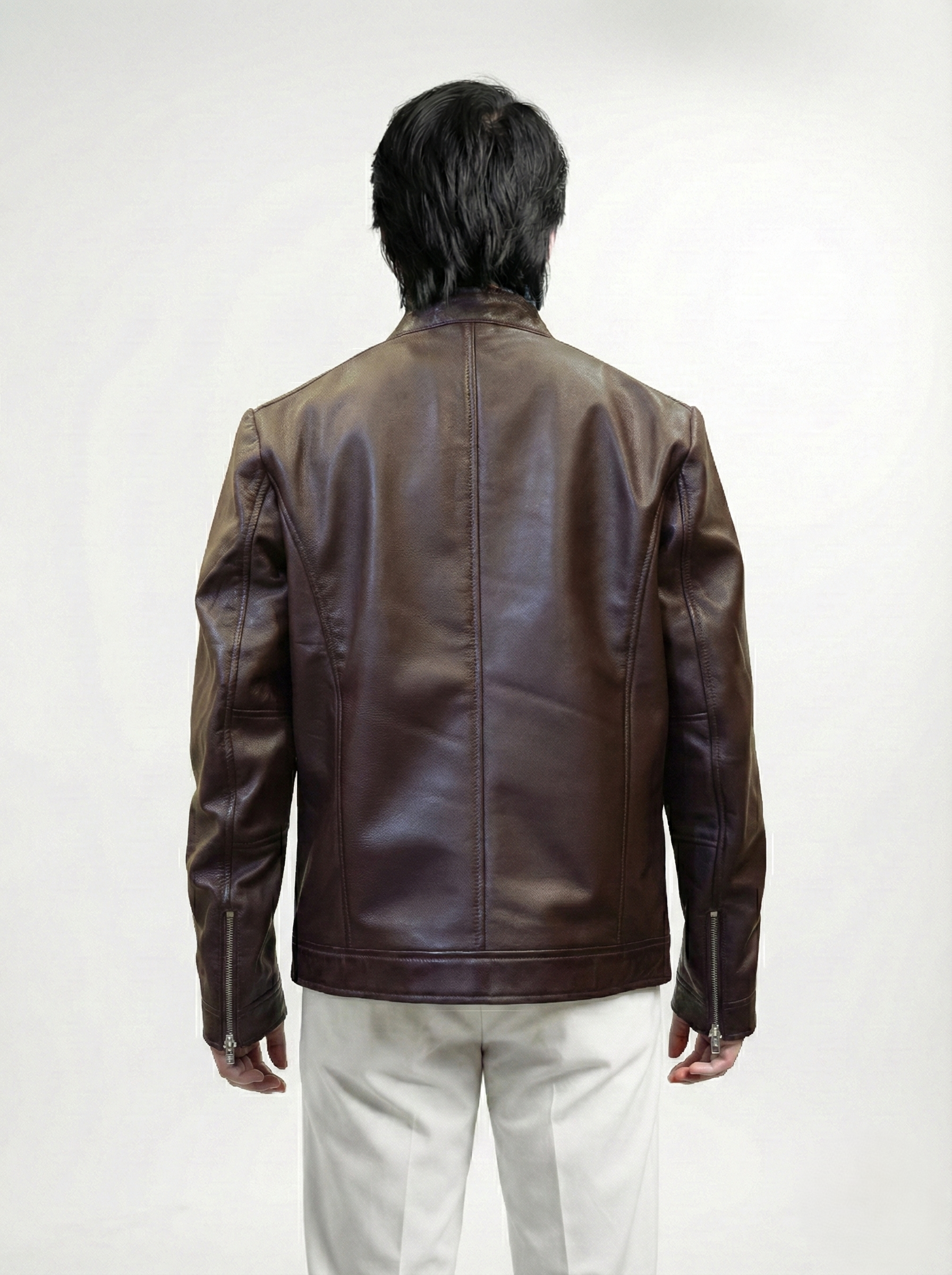 Men's hand-waxed oxblood leather jacket by Klaev with refined structured fit